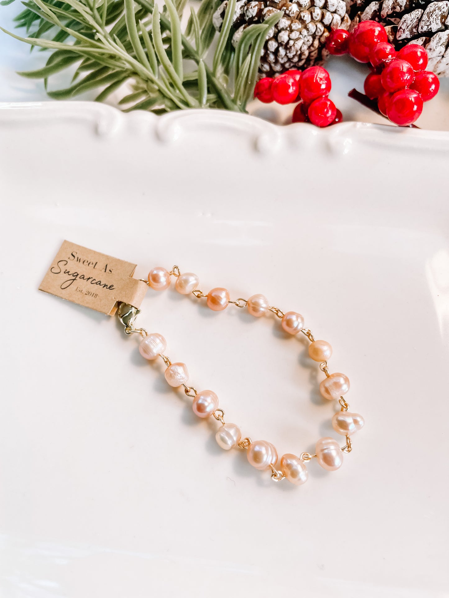 Pink pearls holiday bracelet