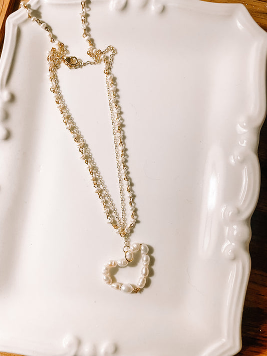 Beaded Pearl heart charm necklace
